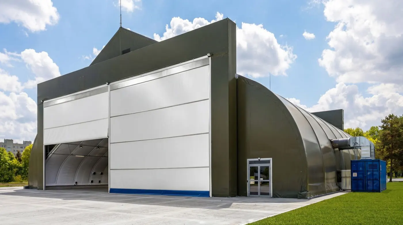 Hangar materiałowy w kolorze oliwkowym z jednym skrzydłem bramy otwartym